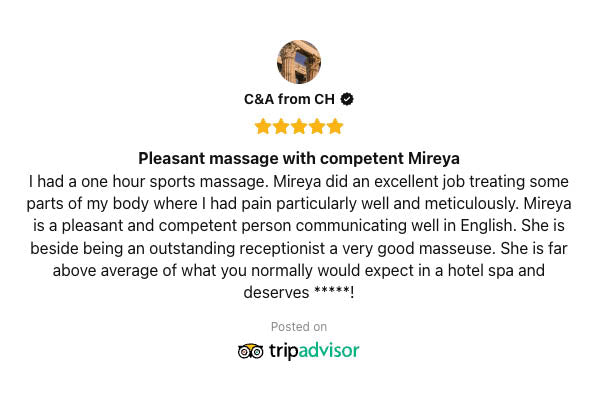 Positive review of sports massage and the receptionist